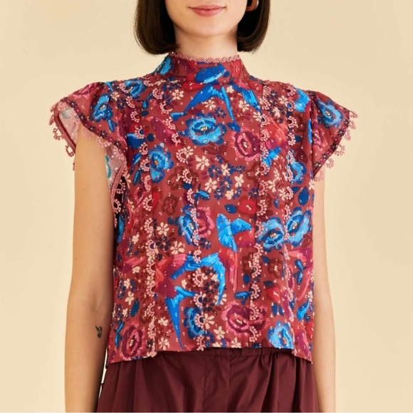 FARM Rio Tops - FARM RIO Floral Birds Blush blouse